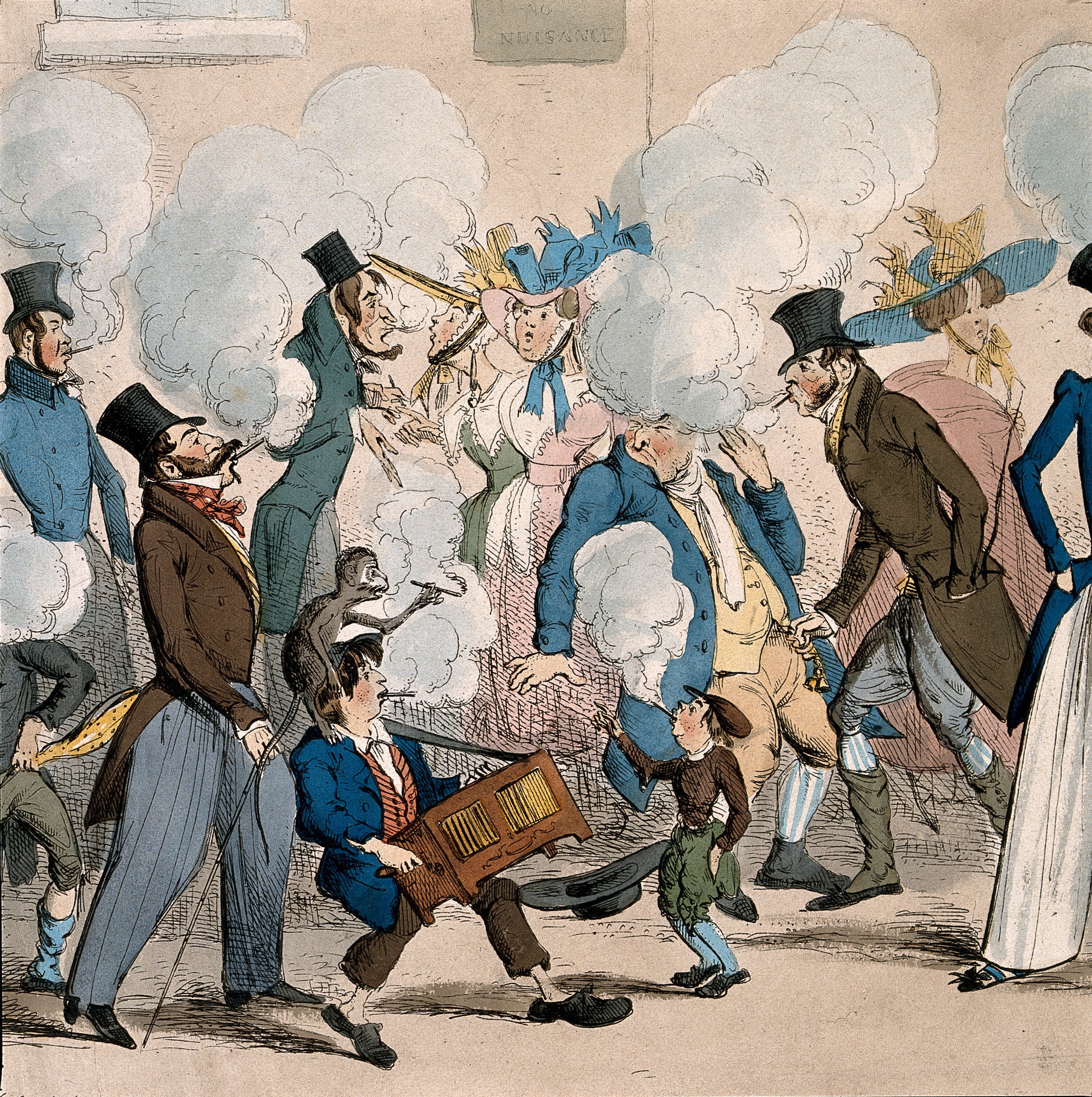People causing a nuisance by smoking in the street. Coloured etching by H. Heath, 1827 (c) Wellcome collection